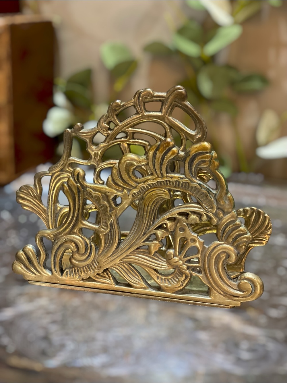 Vintage Solid Brass Art Nouveau Napkin Mail Recipe Card Holder